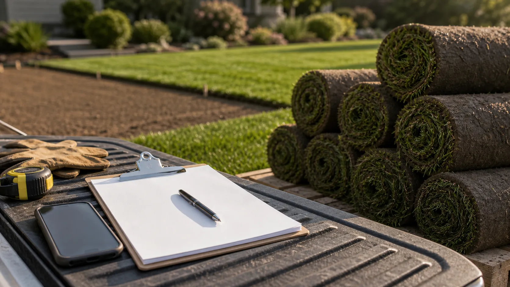 Sod quote planning materials with fresh turf rolls for delivery or installation request