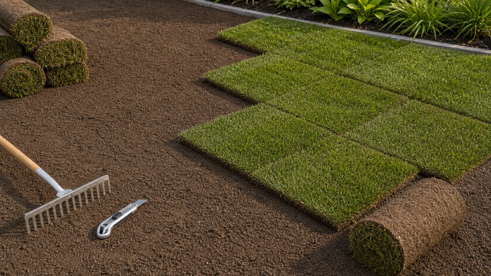Fresh sod installed over prepared soil for a new Park Avenue Turf lawn
