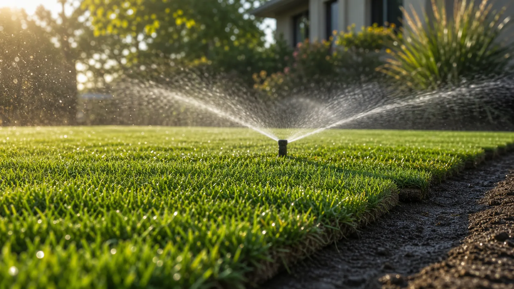 Sprinklers watering new sod to help the turf establish after installation