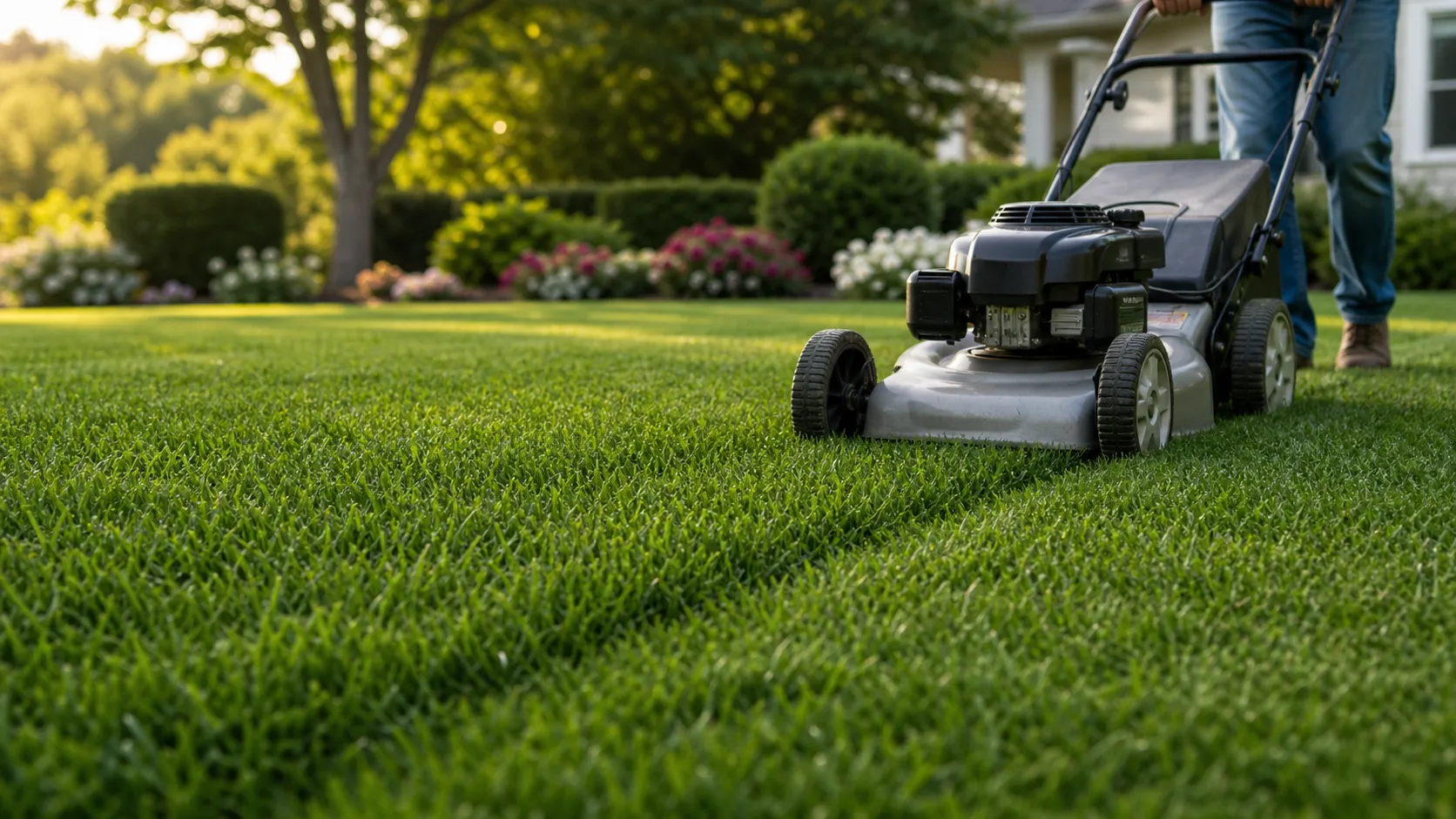 Lawn mowing tips for established sod Mower cutting an established sod lawn with healthy turf growth