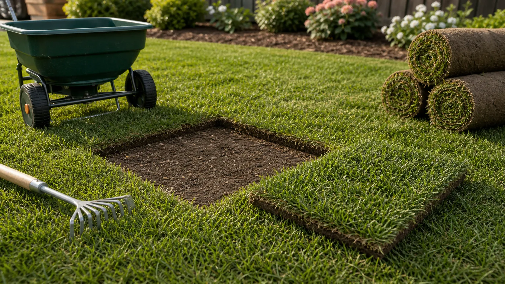 Bare lawn repair patch prepared for sod replacement with seed and repair tools nearby