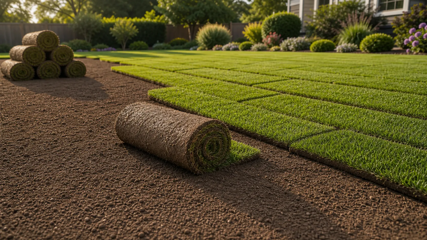 Professional sod installation with fresh turf rolled onto prepared soil