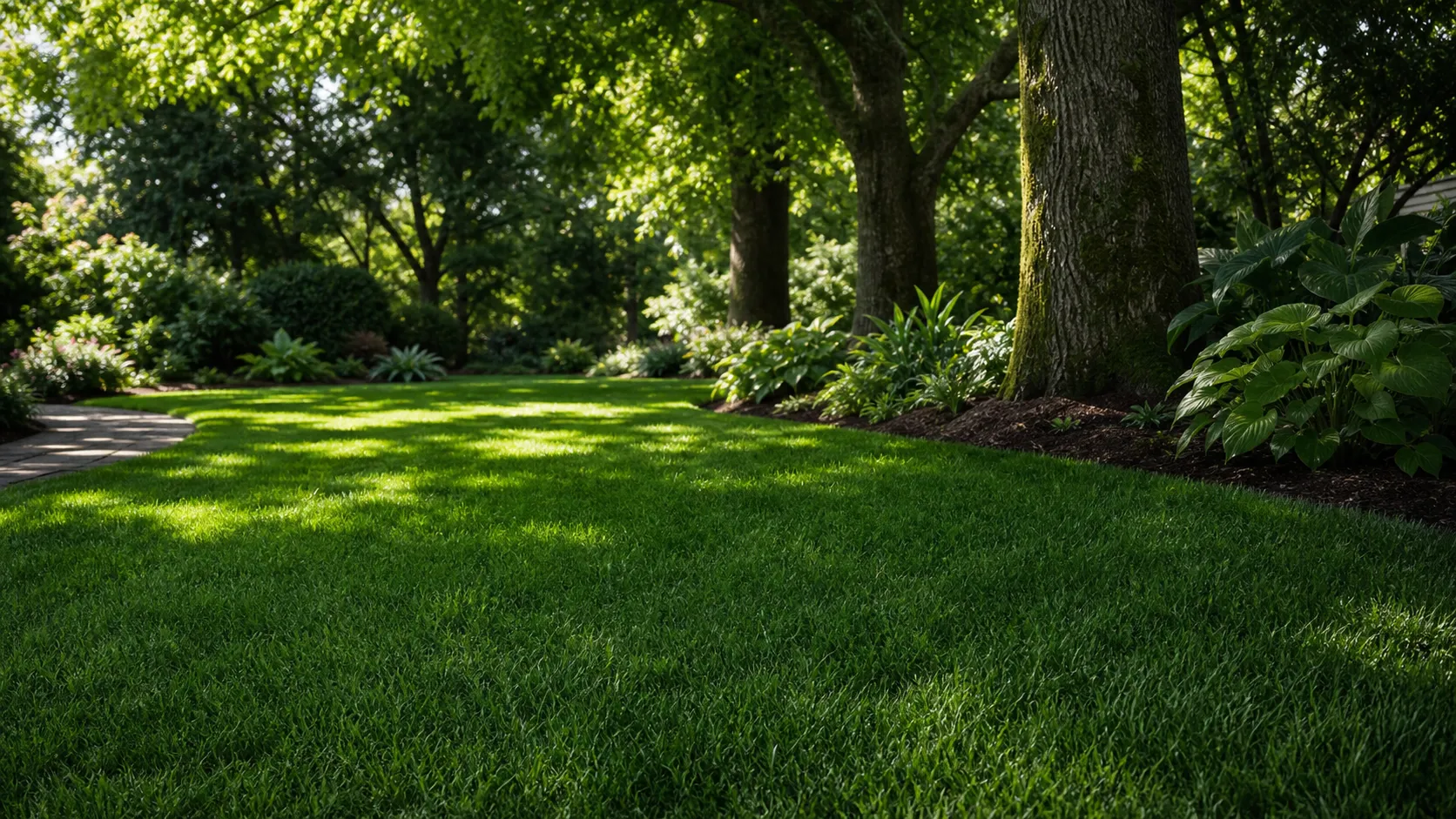 Royal Shade Blend sod growing in a shaded lawn