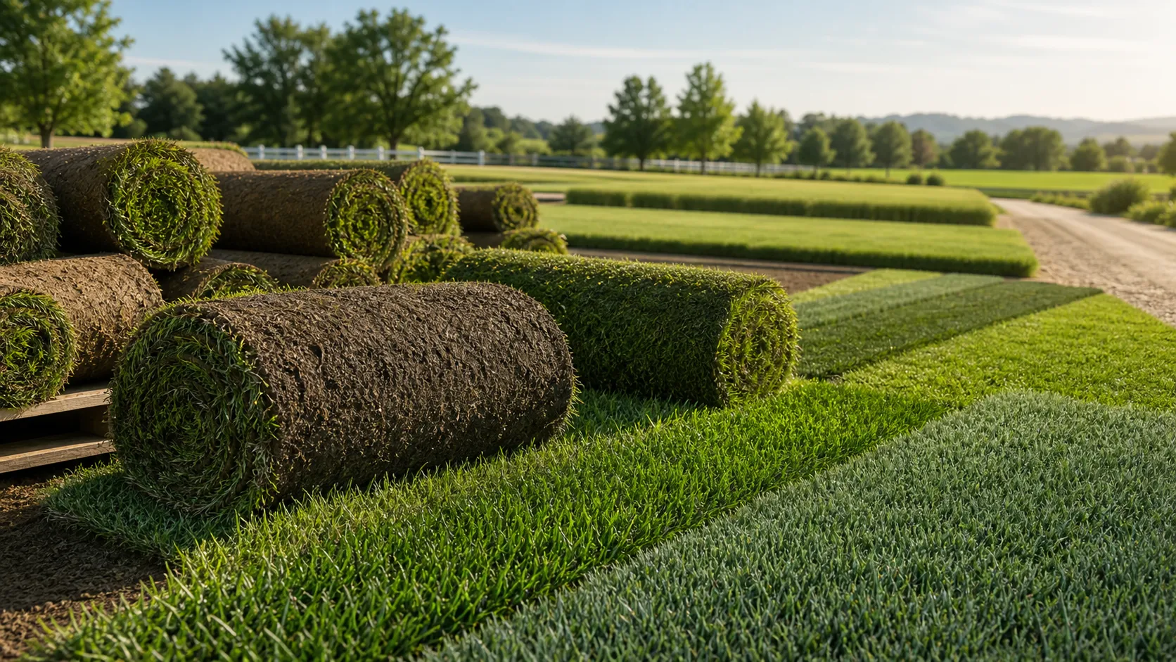 Fresh sod rolls and turf samples representing Park Avenue Turf sod varieties
