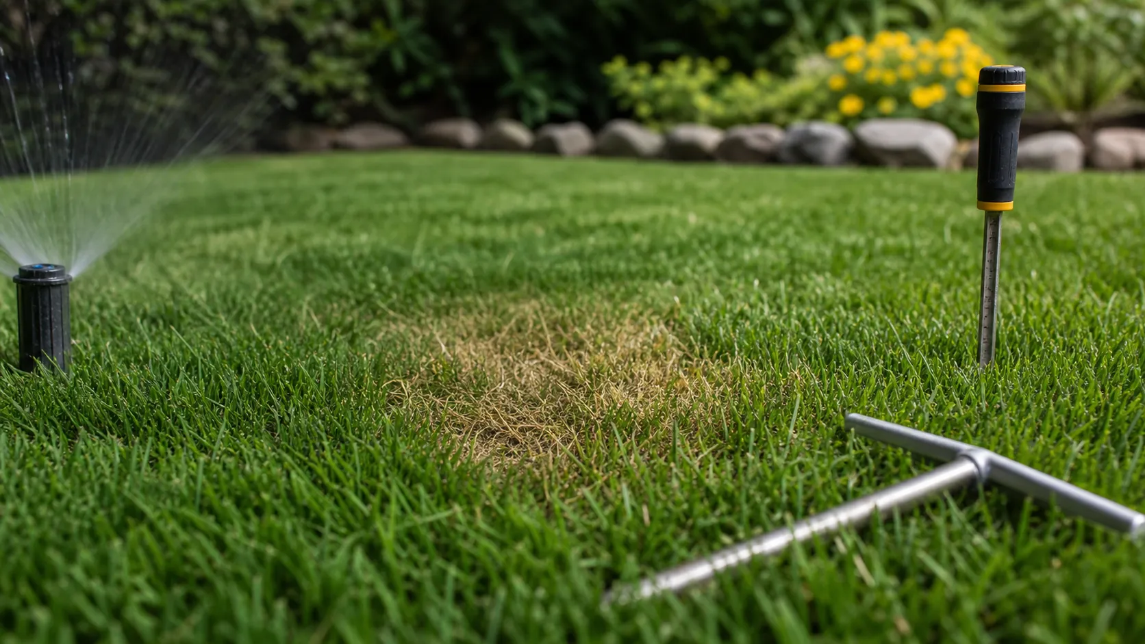 Park Avenue Turf turf troubleshooting inspection Small stressed lawn patch inspected for watering or turf health problems